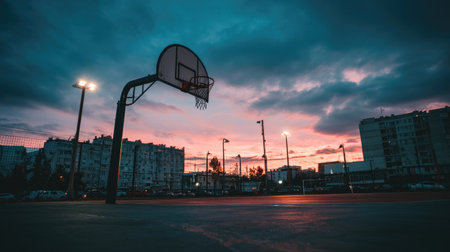A tranquil basketball court at dusk captures the essence of urban life, with vivid skies and soft lights creating a serene atmosphere for recreation and community engagement.の素材