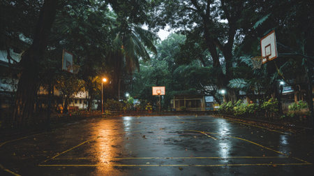 A tranquil scene of an empty basketball court surrounded by lush greenery, showcasing wet pavement reflecting the serene atmosphere on a rainy evening.の素材