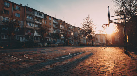 Captivating view of an urban basketball court at sunset, bathed in warm light, framed by residential buildings and trees, inviting leisure and relaxation.の素材