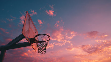 A dramatic sunset scene featuring a basketball hoop silhouetted against a colorful sky. Ideal for themes of sports, recreation, and outdoor passion.の素材