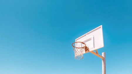This image captures a bright basketball hoop under a clear blue sky, symbolizing the joy of outdoor sports and the vibrant energy of playing basketball in the summer.の素材