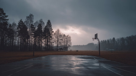 A serene basketball court sits empty under dark, moody skies. Soft fog lingers over the landscape, creating a tranquil atmosphere perfect for reflection and solitude.の素材
