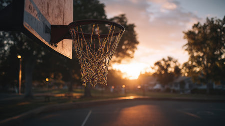A stunning sunset casts a warm glow over an empty basketball court, featuring a hoop and net. This serene park scene encapsulates outdoor recreation and community spirit.の素材