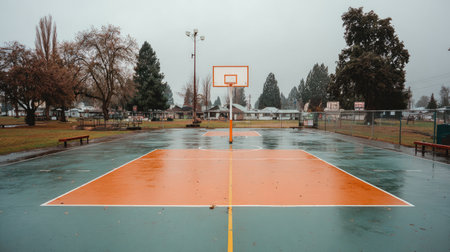 An outdoor basketball court lies empty on a rainy day, featuring vibrant orange lines against a wet floor, surrounded by trees and benches in a tranquil setting.の素材