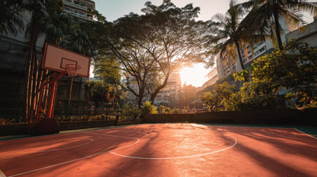 A stunning sunset casts a warm glow over an urban basketball court, surrounded by lush greenery, showcasing a perfect blend of nature and sport for a vibrant escape.の素材