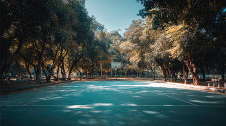 A peaceful outdoor basketball court sits empty, framed by tall trees and dappled sunlight, creating a perfect spot for sports enthusiasts and nature lovers.の素材