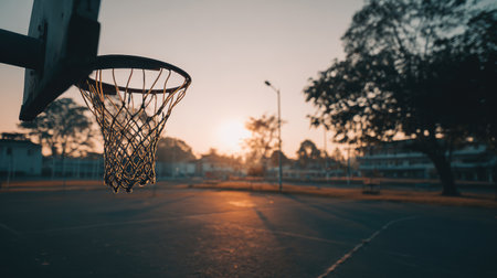 A captivating view of a basketball hoop at sunset, casting soft shadows on an empty court. The tranquil scene evokes a sense of calm and inspiration for athletic pursuits.の素材