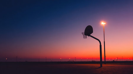 A serene basketball court stands empty at sunset, featuring a silhouetted hoop and lighting poles against a vibrant sky. Perfect for themes of solitude and recreation.の素材