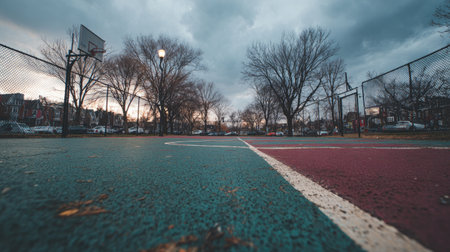 An atmospheric view of an empty basketball court in an urban setting, showcasing bare trees and a moody sky, evoking a sense of solitude and tranquility.の素材