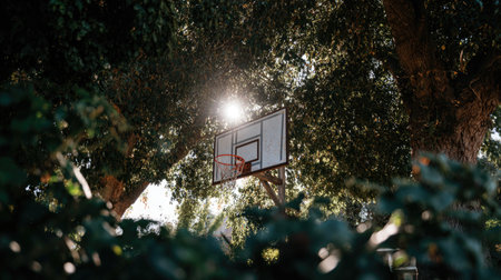 A peaceful outdoor scene featuring a basketball hoop nestled in lush greenery with sunlight streaming through the trees, creating a tranquil playground atmosphere.の素材