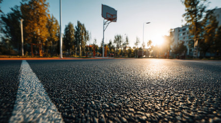 An inviting view of an empty basketball court during sunset, showcasing the smooth asphalt surface surrounded by vibrant trees, perfect for recreational activities.の素材
