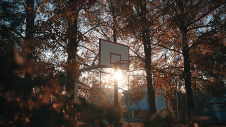 A serene basketball hoop set against a backdrop of trees and sunlight, capturing a peaceful moment in nature, perfect for showcasing outdoor leisure and sports activities.の素材