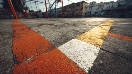 This image showcases an urban basketball court with colorful markings, highlighting the energy and vibrancy of street culture in a dynamic athletic setting.の素材