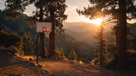 This stunning image captures a basketball court at sunset, set amidst trees and mountains, evoking feelings of adventure and outdoor sports. Perfect for inspiring active lifestyles.の素材