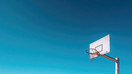 Stunning view of a basketball hoop against a clear blue sky, ideal for sports-related themes and creative projects, representing recreation and active lifestyle.の素材