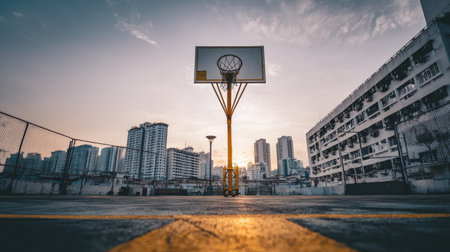 A serene basketball court is captured at sunset, showcasing vibrant skies and a city skyline, highlighting the intersection of sport and urban life.の素材