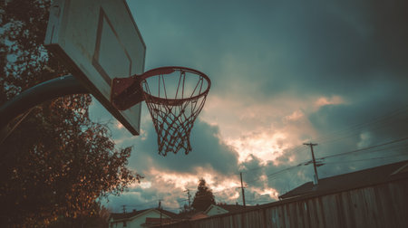 A basketball hoop stands silhouetted against a colorful sky filled with clouds at sunset, capturing the essence of urban recreation and community life.の素材