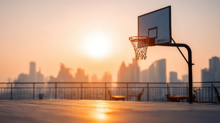 A stunning basketball hoop stands against a sunset skyline, capturing an intimate moment of urban leisure. The warm light enhances the tranquil atmosphere.の素材