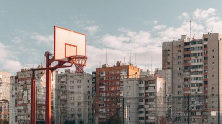 A vibrant urban basketball court featuring a hoop and surrounded by modern apartment buildings under a clear blue sky. The scene captures the essence of city life, recreation, and community.の素材