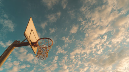 A stunning shot capturing a basketball hoop set against a vibrant sky filled with clouds. This image highlights the spirit of outdoor sports and recreational activities.の素材