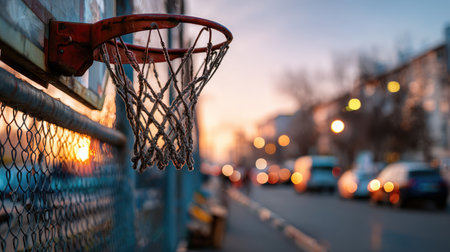 A picturesque view of a basketball hoop silhouetted against a stunning sunset, set in an urban environment with blurred street lights creating a warm atmosphere.の素材