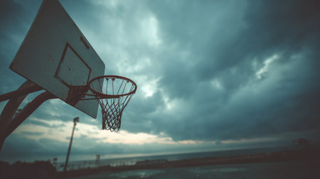 A solitary basketball hoop stands against a moody cloudy sky at dusk, overlooking still water. This image evokes feelings of nostalgia, reflection, and urban energy.の素材