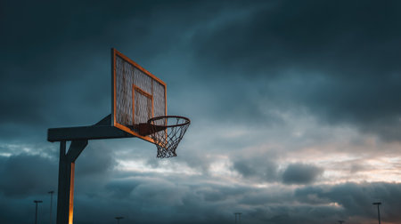 A beautifully lit basketball hoop under a brooding sky captures the essence of evening sports. Perfect for themes of recreation, outdoor activities, and urban landscapes.の素材