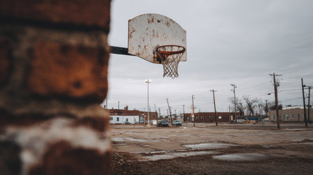 A solitary basketball hoop stands in an abandoned urban playground under a cloudy sky, reflecting a sense of lost community and desolation in the environment.の素材