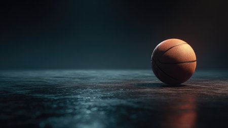 A solitary basketball rests on a reflective surface, surrounded by dramatic lighting that highlights its texture and shape, perfect for sports-themed projects.の素材