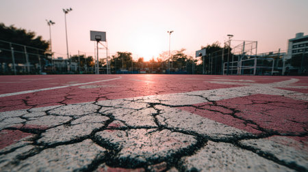 This image captures a sunset illuminating an abandoned basketball court, showcasing a cracked surface and empty hoops, evoking feelings of nostalgia and urban solitude.の素材