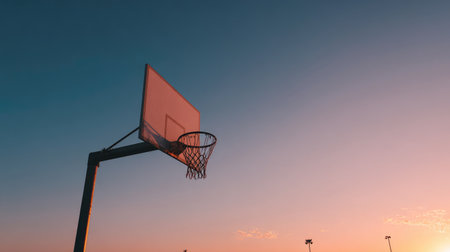 A stunning silhouette of a basketball hoop captures the essence of sport during sunset, showcasing vibrant colors and a serene atmosphere perfect for inspiration.の素材