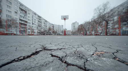 A low angle view of a cracked basketball court, showcasing an abandoned urban playground under a cloudy sky, with tall buildings looming in the background.の素材