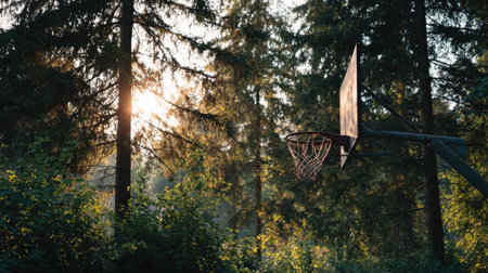 A beautiful basketball hoop stands among tall trees, illuminated by warm sunlight, capturing the essence of outdoor sports and tranquil nature for inspiring imagery.の素材