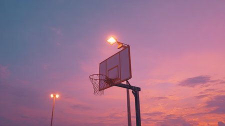 Capture the essence of a tranquil evening with an illuminated basketball court bathed in a stunning purple sunset. Ideal for sports themes and outdoor activities.の素材