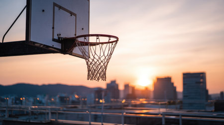 A stunning sunset illuminates a basketball hoop with a striking urban skyline in the backdrop. The scene embodies the essence of sport, leisure, and city life.の素材