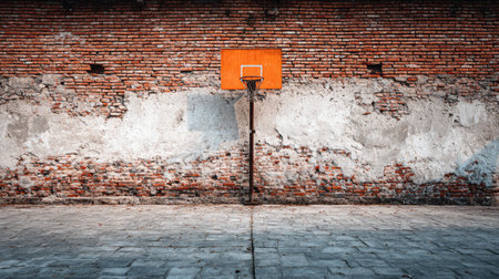 An empty basketball court features a weathered brick wall and an orange hoop. The scene captures a unique urban atmosphere, perfect for sports and recreation themes.の素材