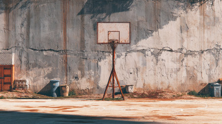 An abandoned basketball court features a rusty hoop against a cracked wall, capturing the essence of nostalgia and urban decay in a once vibrant sports space.の素材