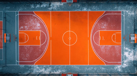 This aerial image showcases a vibrant orange basketball court, perfect for capturing the essence of urban sports culture and recreational activities.の素材