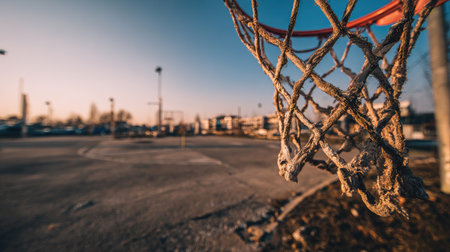A captivating view of a worn basketball net against the backdrop of an empty court at sunrise, highlighting an urban landscape and evoking nostalgia.の素材