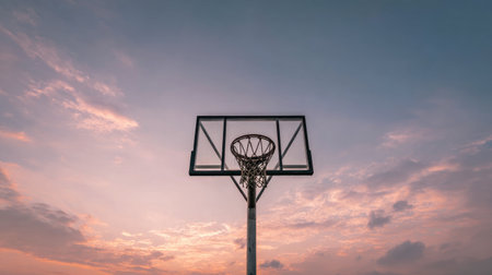 An inspiring shot of a basketball hoop silhouetted against a stunning sunset sky, evoking feelings of outdoor fun, fitness and competitive sports in a serene setting.の素材