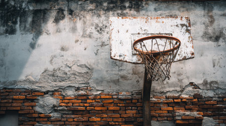 A striking image of a weathered basketball hoop on a rugged wall, showcasing vibrant textures and evoking nostalgic feelings for outdoor sports and urban activities.の素材