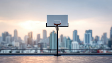 A stunning basketball hoop stands in an urban setting, with a vibrant city skyline in the background. The image captures the tranquil beauty of outdoor sports at sunset.の素材