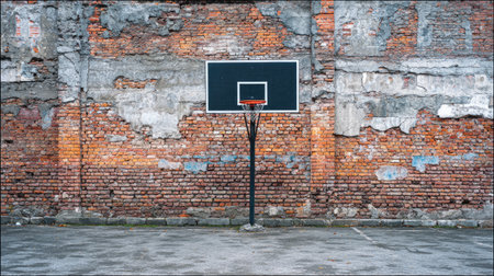 A striking image of a basketball hoop set against a weathered brick wall in an abandoned outdoor court. This scene captures urban decay and recreational spirit.の素材