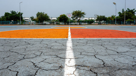 A vibrant yet worn basketball court featuring a cracked gray surface divided by bright orange sections, set against a serene sky, perfect for recreational use.の素材