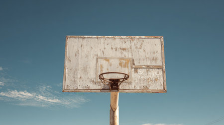 A rustic basketball hoop stands tall under a clear blue sky, representing outdoor sports and bringing a nostalgic touch to urban recreation and community games.の素材