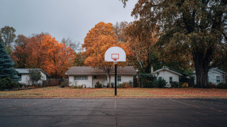 A tranquil basketball court nestled in a suburban setting, surrounded by stunning autumn trees and vibrant foliage, creating a serene sports atmosphere.の素材