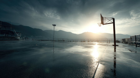 An evocative view of an empty basketball court during dawn, featuring dramatic stormy skies, wet surfaces reflecting the surrounding mountains and an atmosphere of tranquility.の素材