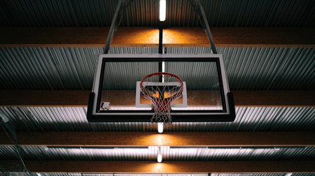 A unique perspective of a basketball hoop set against the backdrop of an indoor gym featuring wooden beams and modern lighting, suggesting vitality and sport readiness.の素材