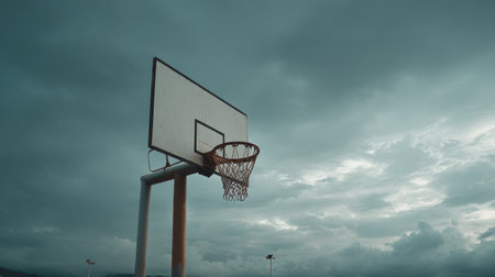An artistic view of a basketball hoop under a dramatic sky, creating a captivating atmosphere for sports enthusiasts and nature lovers alike.の素材