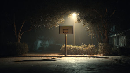A solitary basketball court stands quiet under a lone streetlight, casting soft shadows and invoking a serene atmosphere in a misty suburban evening.の素材